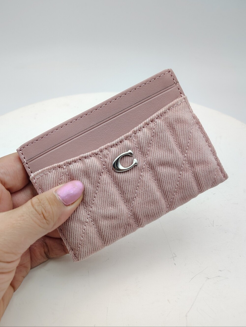 New Coach Quilted Pink Denim Collection Card Case with Silver Accent